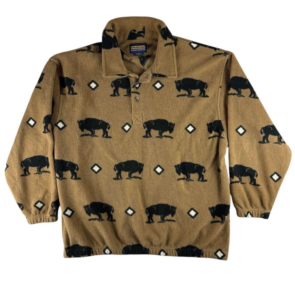 Panhandle Men's Beige Sherpa Fleece Western Pullover Sweater M Buffalo AOP